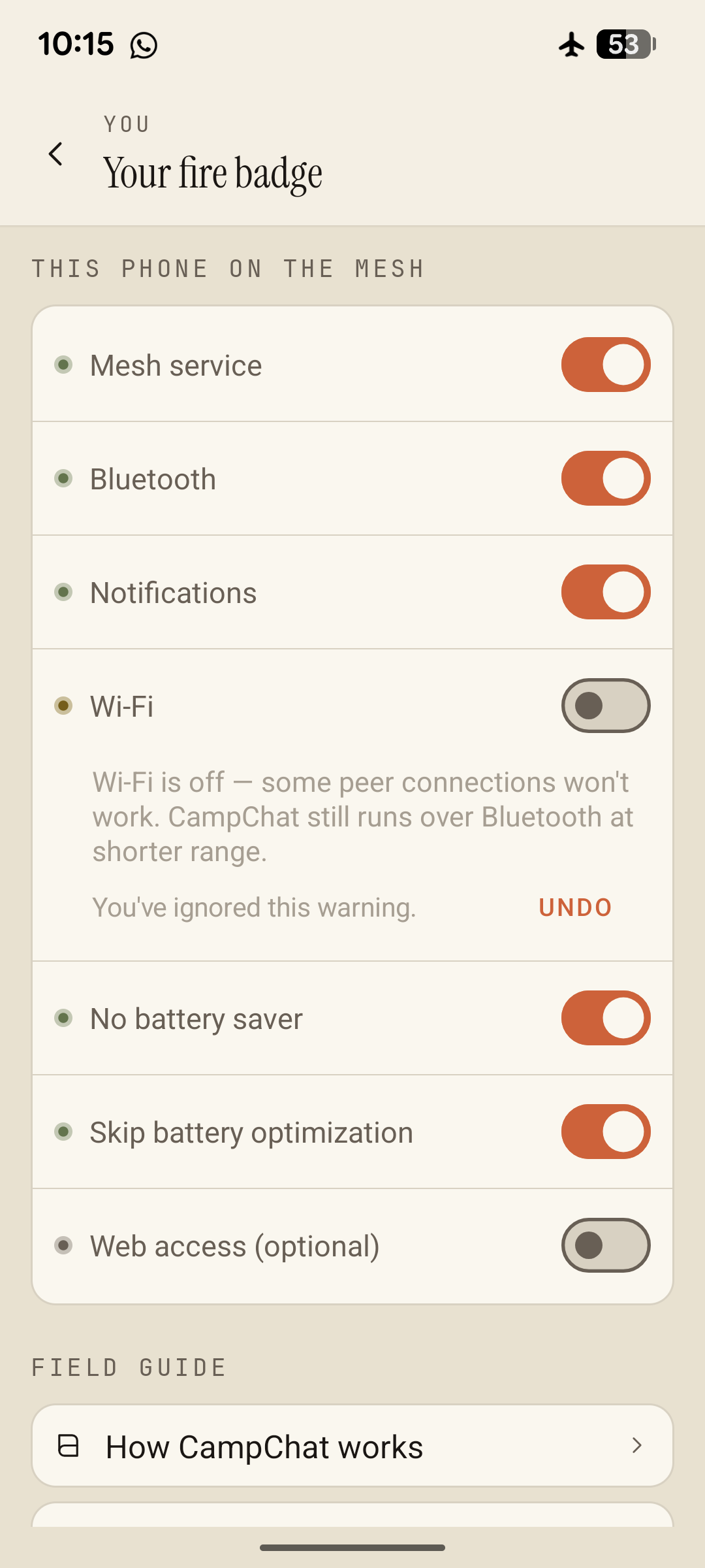 Identity and mesh status screen